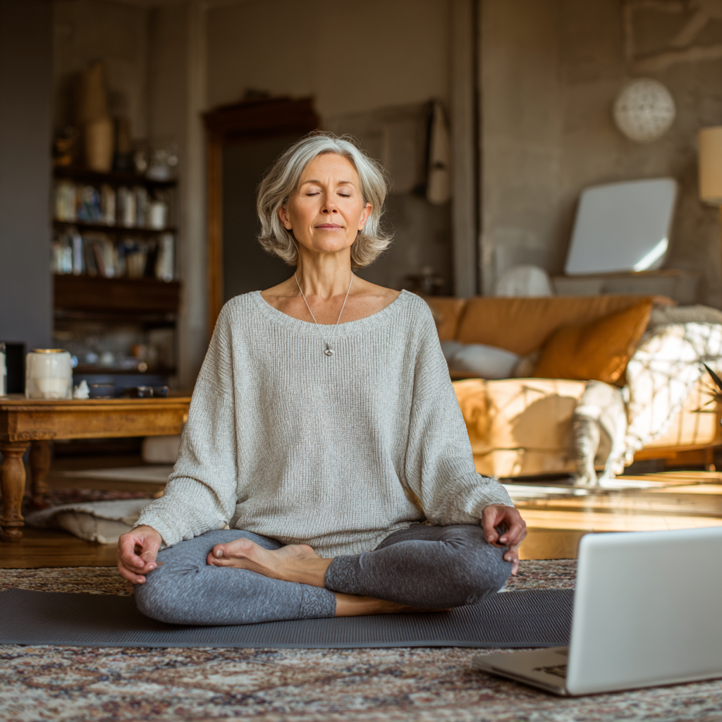 Жінка віком 55 років практикує йогу вдома перед ноутбуком, беручи участь в онлайн-класі у своїй затишній вітальні