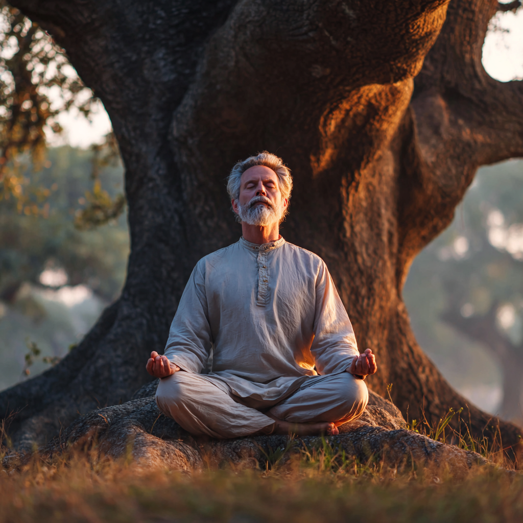 Чоловік віком 60 років медитує в позі лотоса на природі під великим деревом у м'якому ранковому світлі