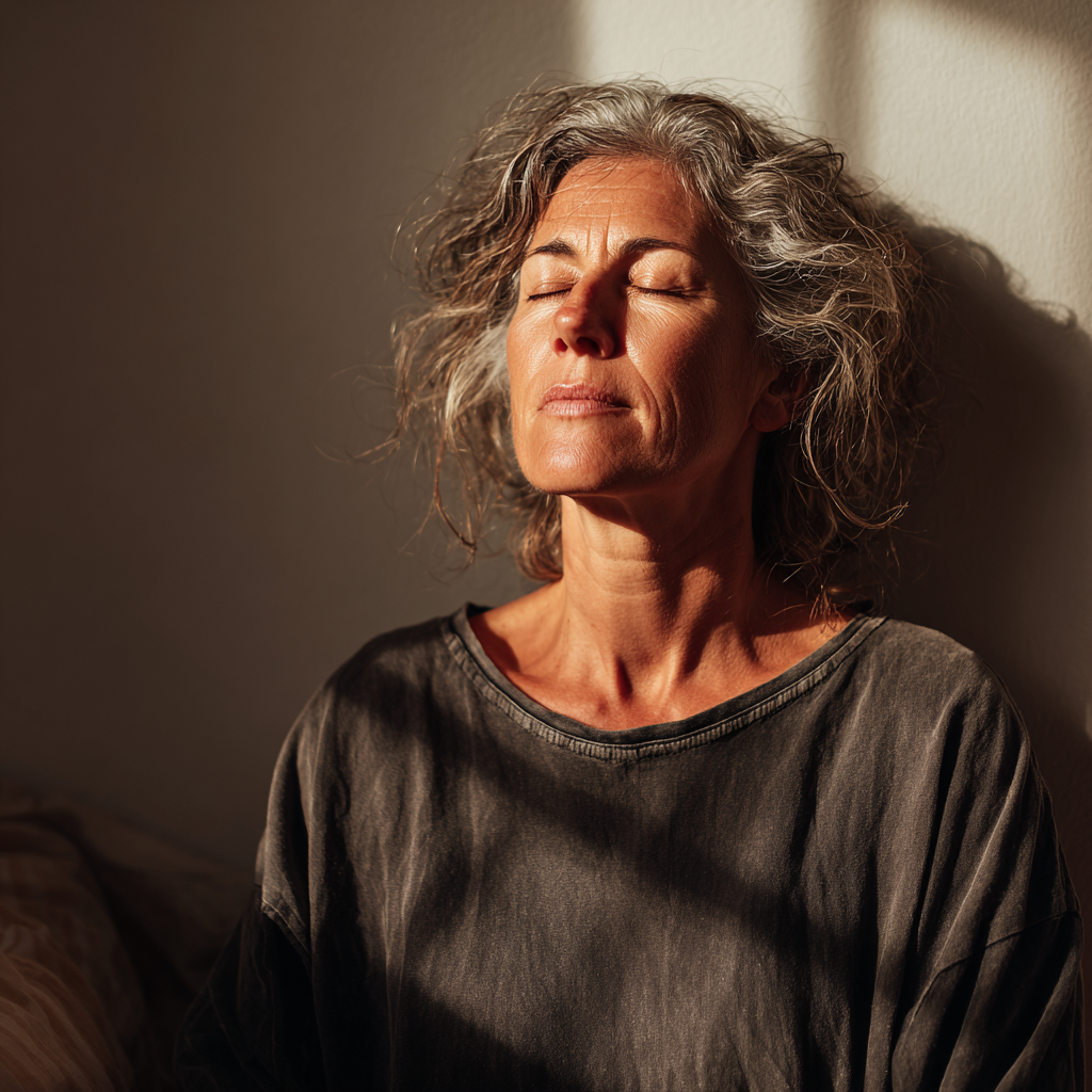 Жінка віком 50 років сидить у медитативній позі з закритими очима в тихій кімнаті з м'яким природним освітленням